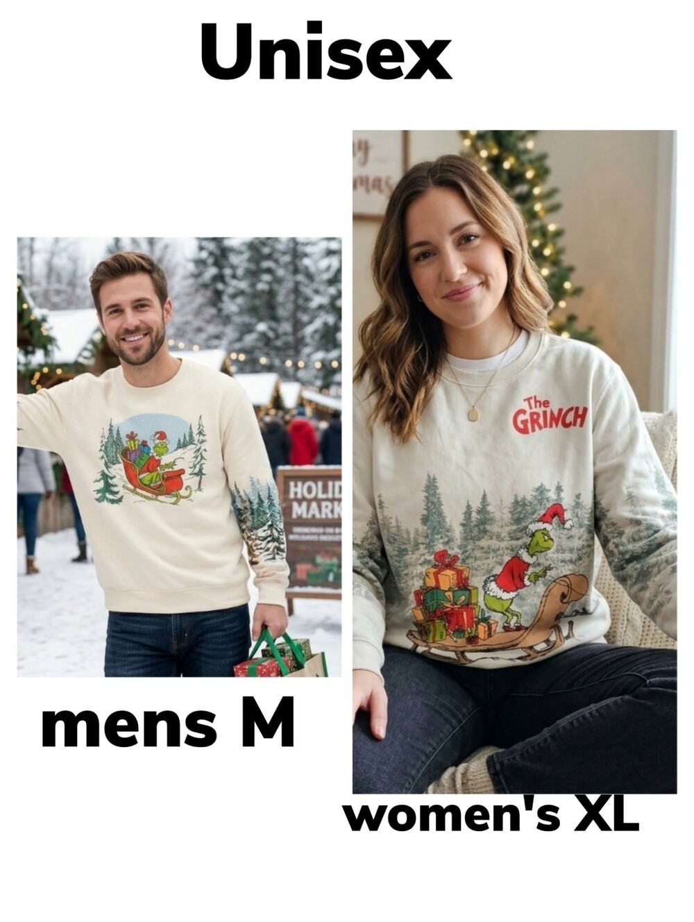 Dr Seuss The Grinch Cream Holiday Crewneck Unisex Men's M Women's XL